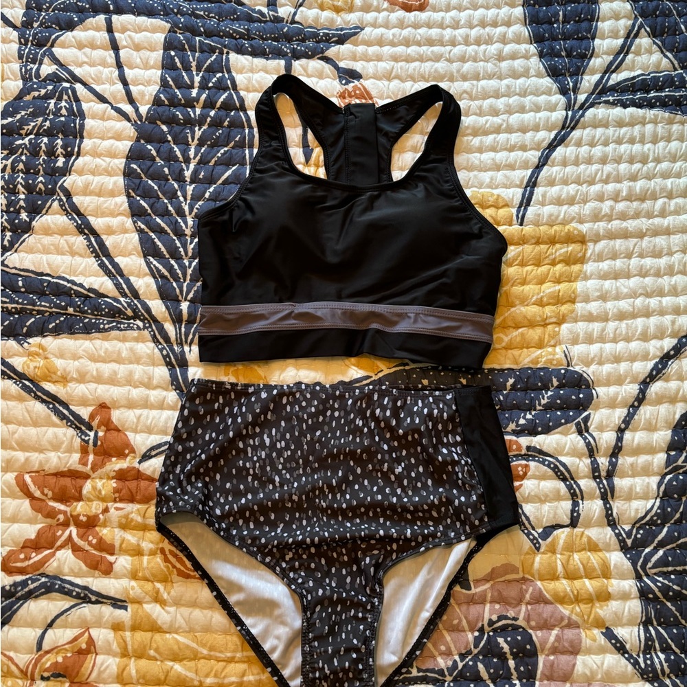 High-Rise Black Two-Piece Swim Set - Racerback Top & Printed Bottom